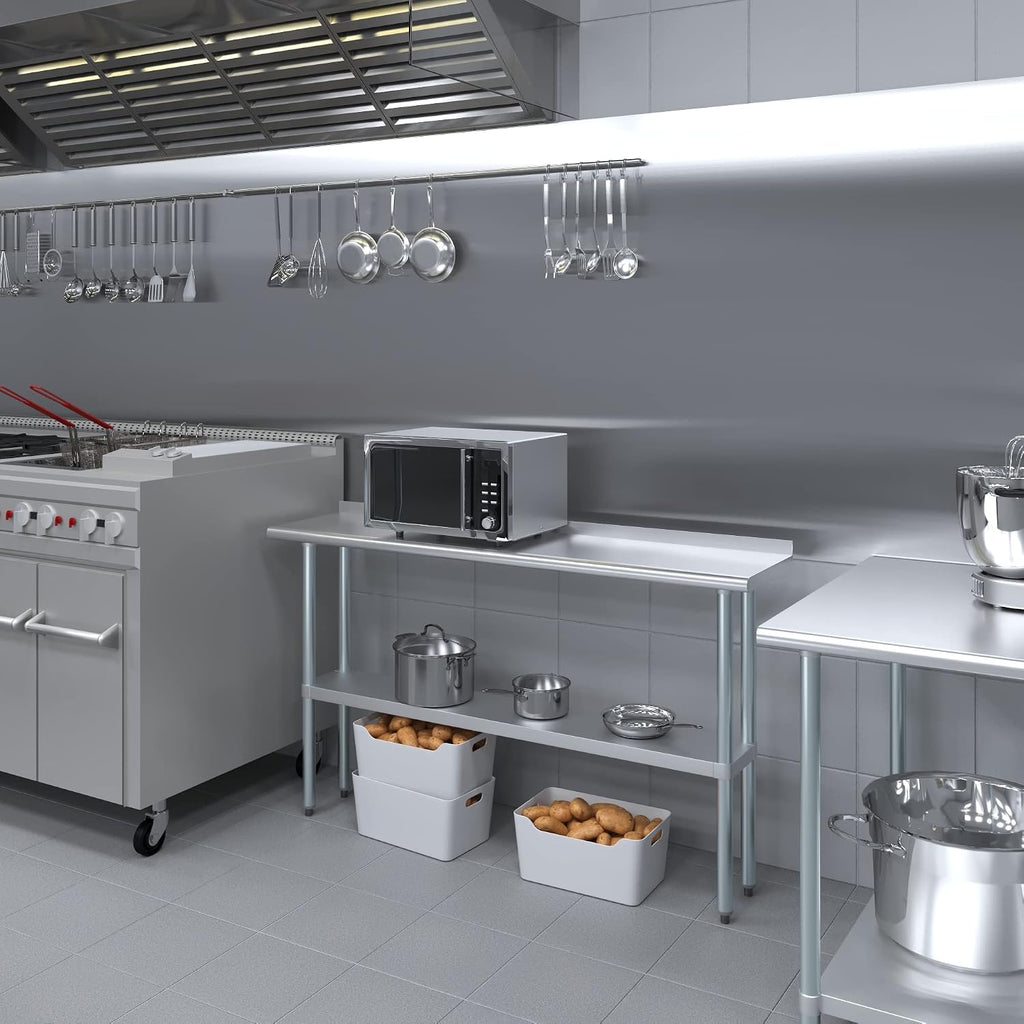 AmGood 14 in. x 60 in. Stainless Steel Work Table with 1.5 in. Backsplash | Metal Kitchen Food Prep Table