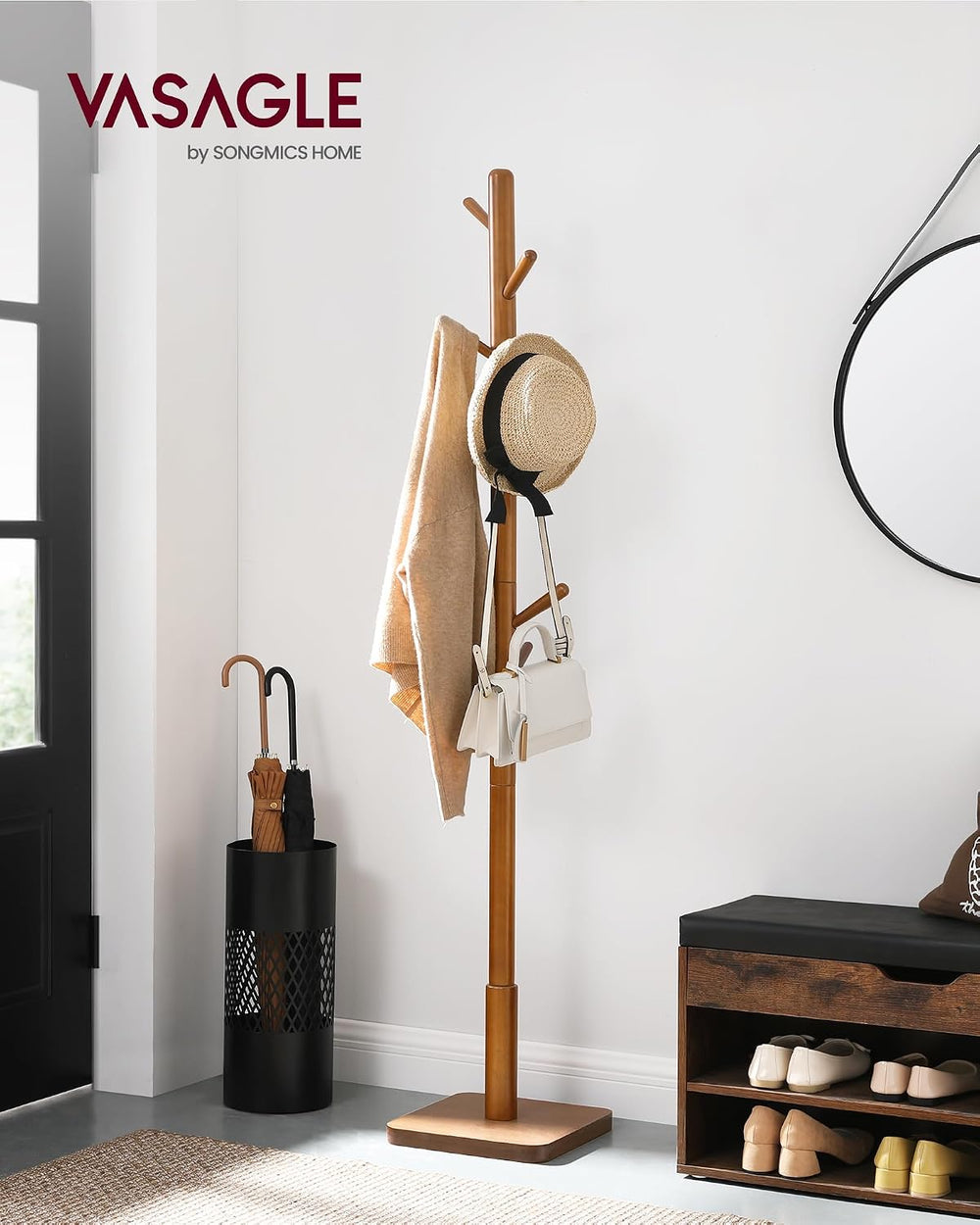 VASAGLE Solid Wood Coat Rack, Free Standing, 8 Hooks, 3 Height Options