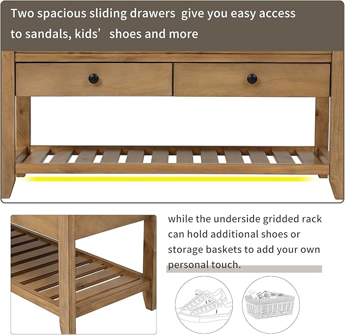 39″ Storage Bench with Cushioned Seat and Drawers,Multipurpose Wooden Entryway Ottoman,Hidden Compartment Organizing Shoe Rack,for Bedroom Hallway Porch,Old Pine