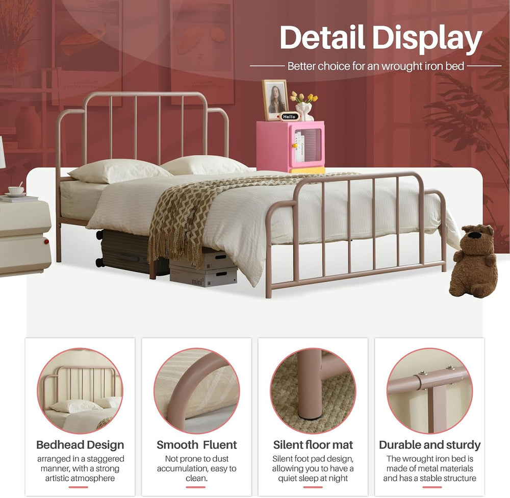 PINJU Pink Bed Frame,Full Size Metal Bed with Headboard and Footboard