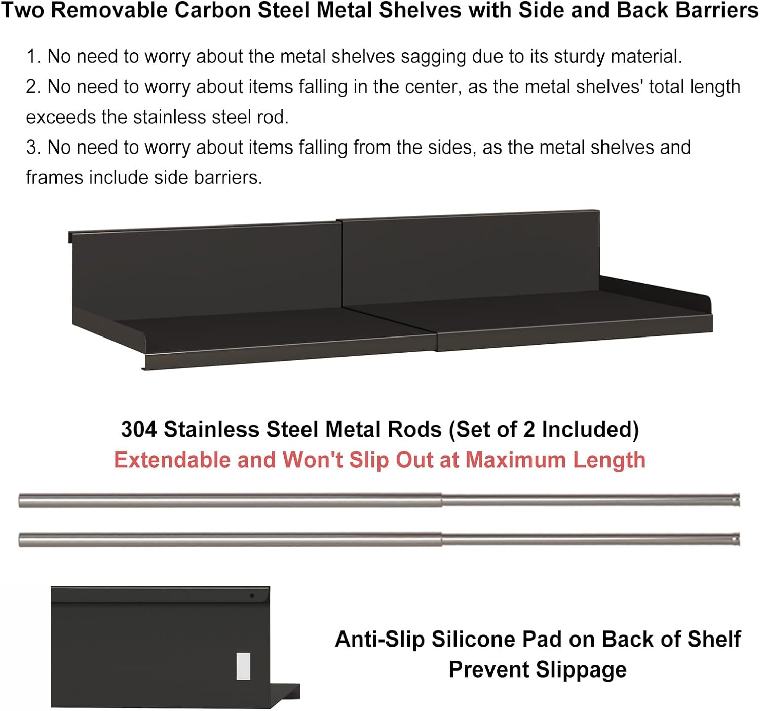 Expandable Under Cabinet Shelf Organizer with 0.94-Inch Thick Clips, Heavy Duty Extendable Under Shelf Storage Basket for Pantry or Laundry Room, Black, 2 Pack, Interior: 4.13" H x 7.2" D