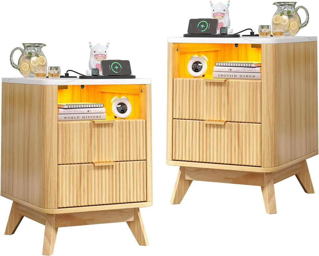 Nightstand with Charging Station, Fluted Nightstand with LED Lights, Modern Rustic Side Table with 2 Storage Drawers, Wooden End Table for Bedroom, Natural Oak 2pcs