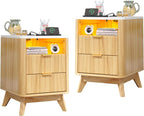 Nightstand with Charging Station, Fluted Nightstand with LED Lights, Modern Rustic Side Table with 2 Storage Drawers, Wooden End Table for Bedroom, Natural Oak 2pcs