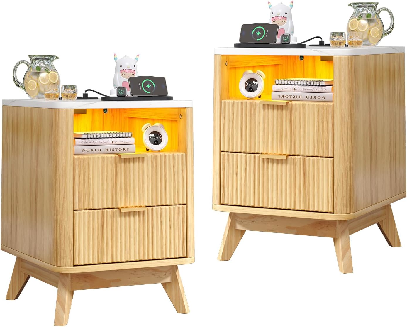 Nightstand with Charging Station, Fluted Nightstand with LED Lights, Modern Rustic Side Table with 2 Storage Drawers, Wooden End Table for Bedroom, Natural Oak 2pcs