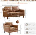 Kingfun Living Room Furniture Sets, 2 Armchair and Loveseat, Mid Century Modern Sofa Set, Faux Leather Couch with Solid Wood Frame for Living Room & Bedroom, Brown