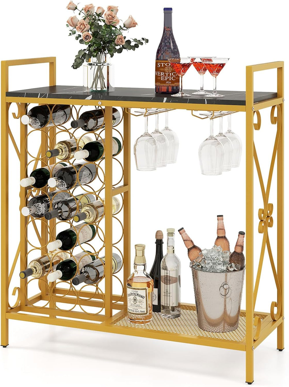 GOFLAME 21 Bottle Wine Rack, Freestanding Floor Wine Bottle Organizer w/Glass...