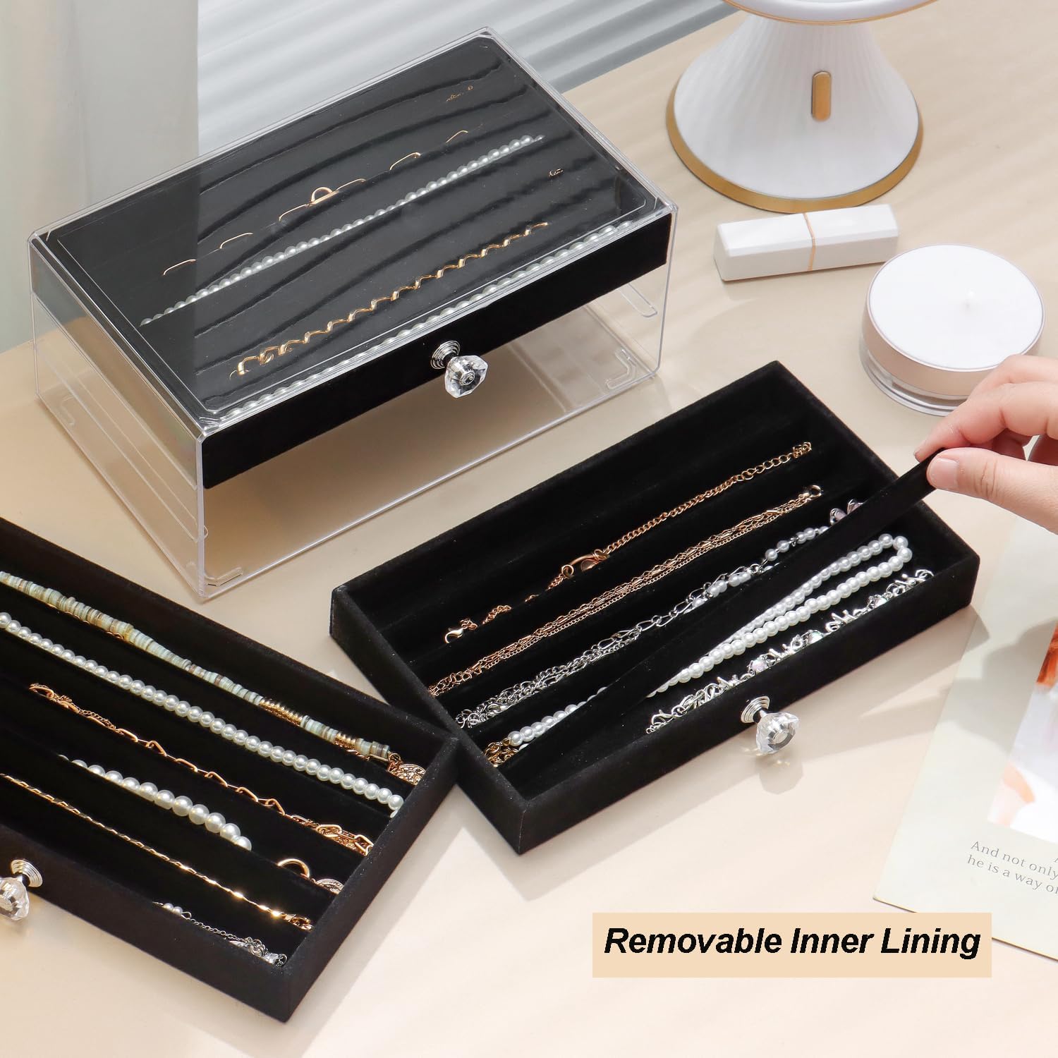 SPAKOWN Necklace Organizer Box, Velvet Necklace Box Holder Tray with Clear Lid Chains Showcase Stackable Necklace Storage for Pendant Bracelet (3 Drawers - Black)
