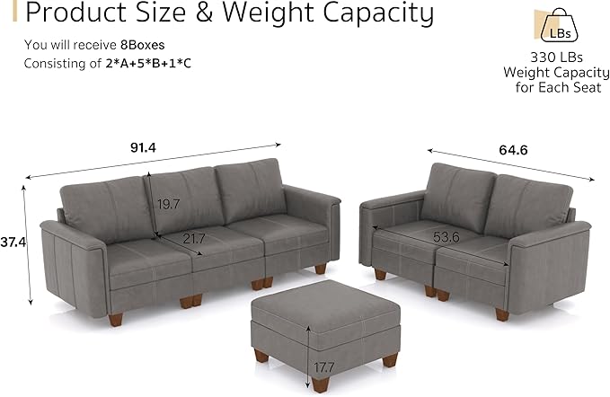 SITJOY Faux Leather Modular Sectional Sofa with Storage, Mid Century Modern Sectional Couches for Living Room, Soft Padded Armrests, 6 Seat Couch and Loveseat Sets with Ottoman, Gray
