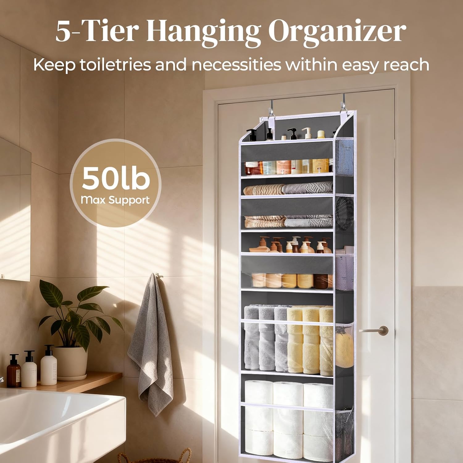 5 Tiers Over Door Organizer with 10 Mesh Side Pockets, 50 lbs Weight Capacity Hanging Storage Organizer with Clear Window Kids Toys, Shoes, Diapers, Dark Gray