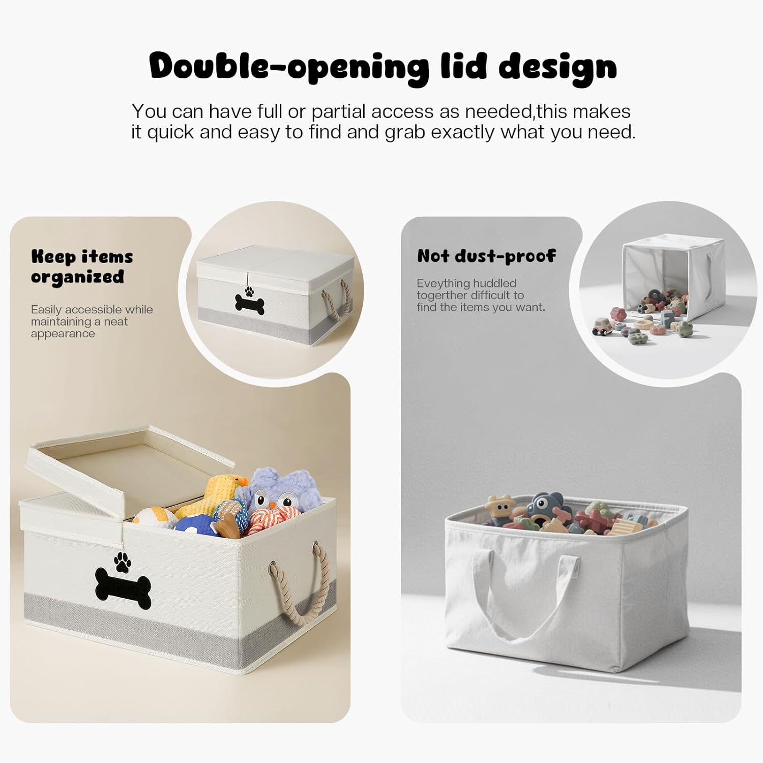 Dog Toy Basket with Double-Open Lid, Divided Dogs Basket for Toys, Collapsible Pet Toys Box, Dog Storage Organizer with 2 Divided Area, Puppy Toy Baskets with Rope Handles, Beige & Gray