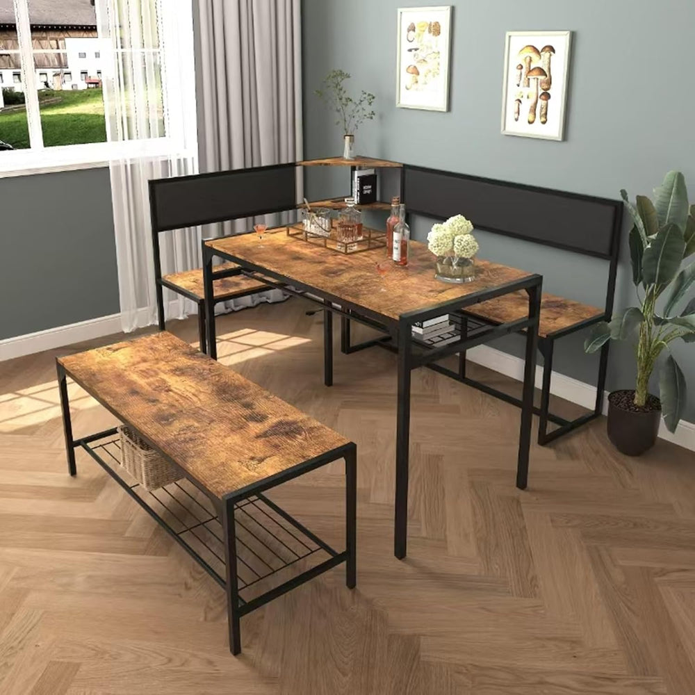 KEIKI 3-Piece Corner Dining Table Set for 4-6, Industrial Kitchen Table and C...
