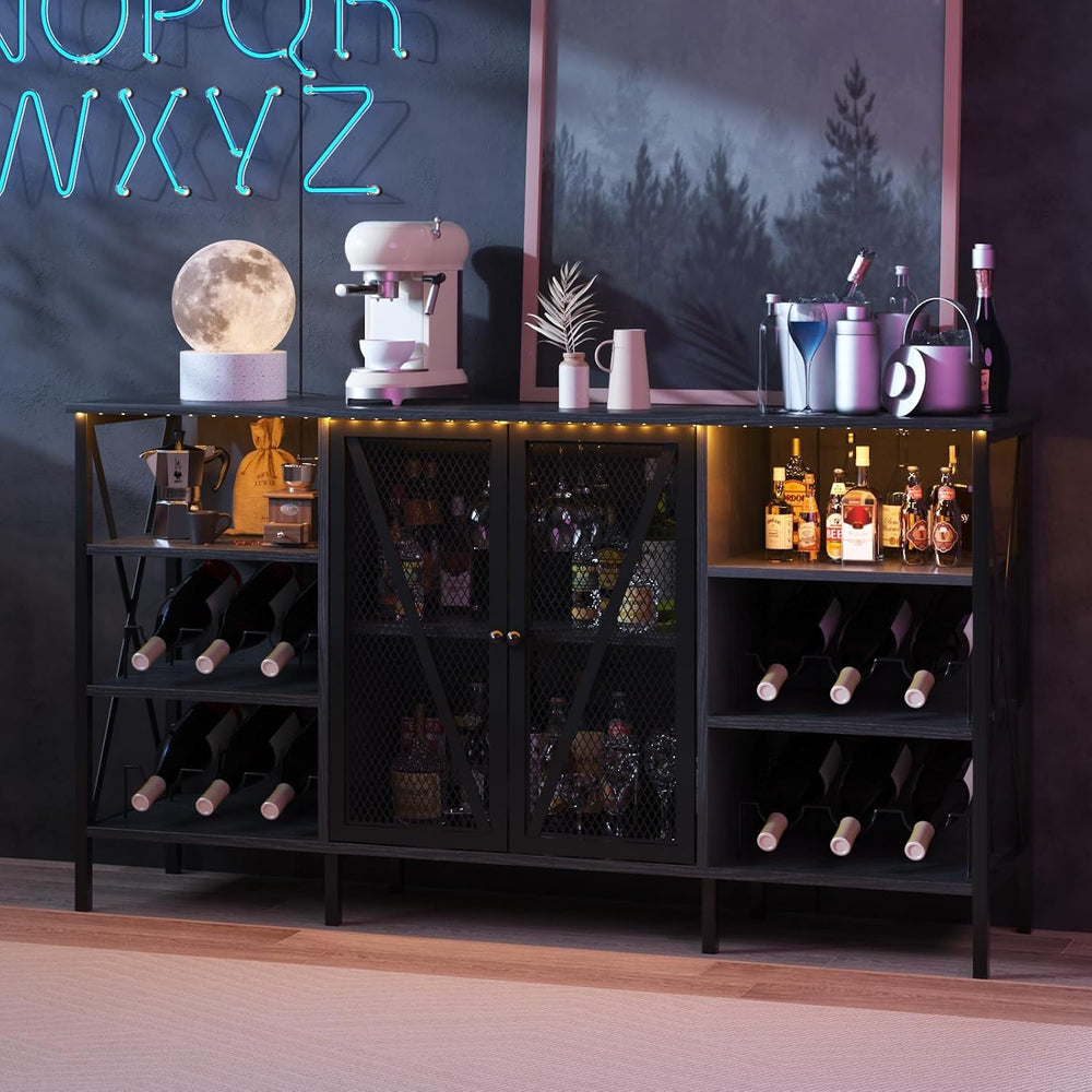 Wine Bar Cabinet with Doors, 55" Freestanding Iron Metal Sideboard Buffe...