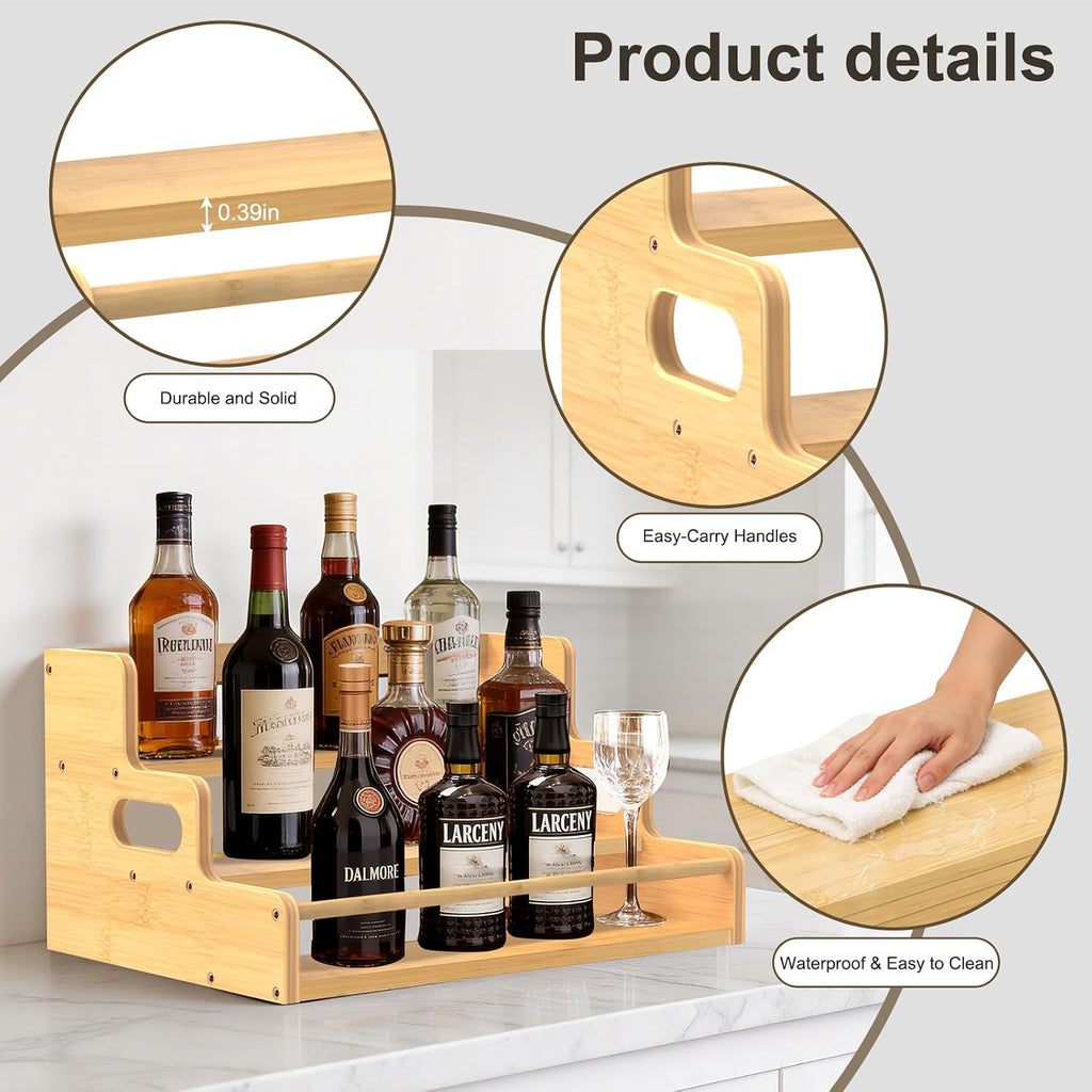 Bamboo Liquor Bottle Display Shelf, 3 Step Countertop Wine Rack, Bar Bottle Stand with Handles & Guardrail, Retro Mini Display Rack for Syrup, Wine, Dressing, Home Kitchen Cafe, Natural