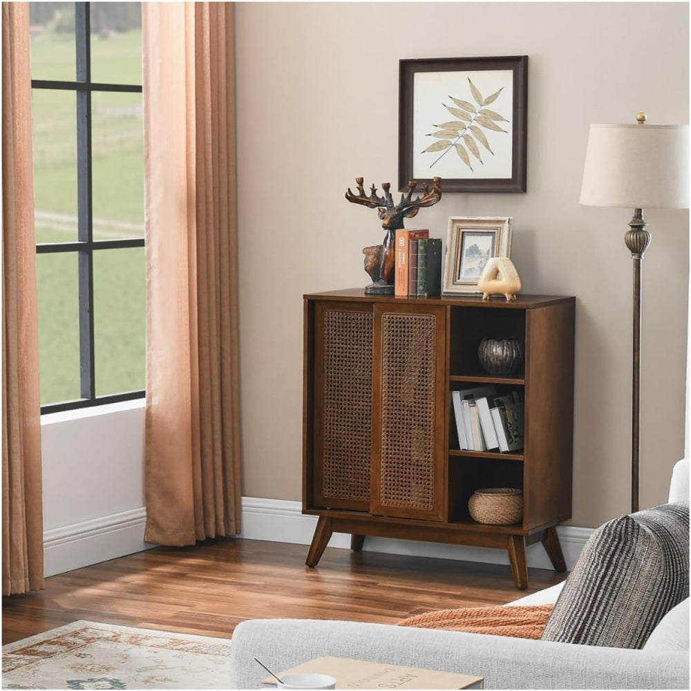 Mid Century Modern Rattan Sideboard Cabinet, Buffet Cabinet for Entryway Hall...