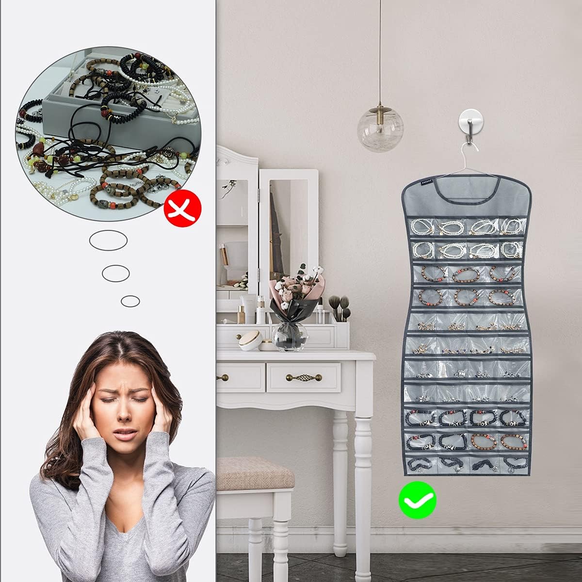 Hanging Jewelry Organizer Dual Sided 84 Clear Pockets and 6 Hook Loops Storage for Holding Jewelries Hair Accessories Dress Shaped Earring Holder (84 Pockets and 6 Hook Loops -Grey)