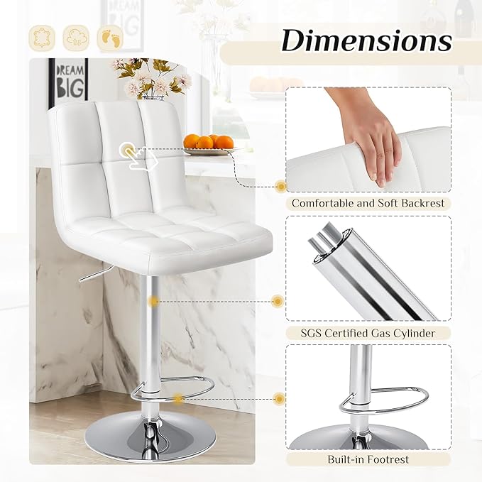 DUMOS Bar Stools Set of 2, Armless Adjustable Swivel Barstools, PU Leather Hydraulic Kitchen Counter Height Bar Stools, Thickened Seat Cushion Square Island Barstools with Back, White