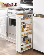 VASAGLE 4-Tier Slide-Out Storage Cart, Slim Kitchen Cart for Small Spaces, with Wheels, Handle, Bathroom, Laundry Room, 5.9 x 17 x 34.1 Inches, Rustic White and Honey Brown ULRC050K01