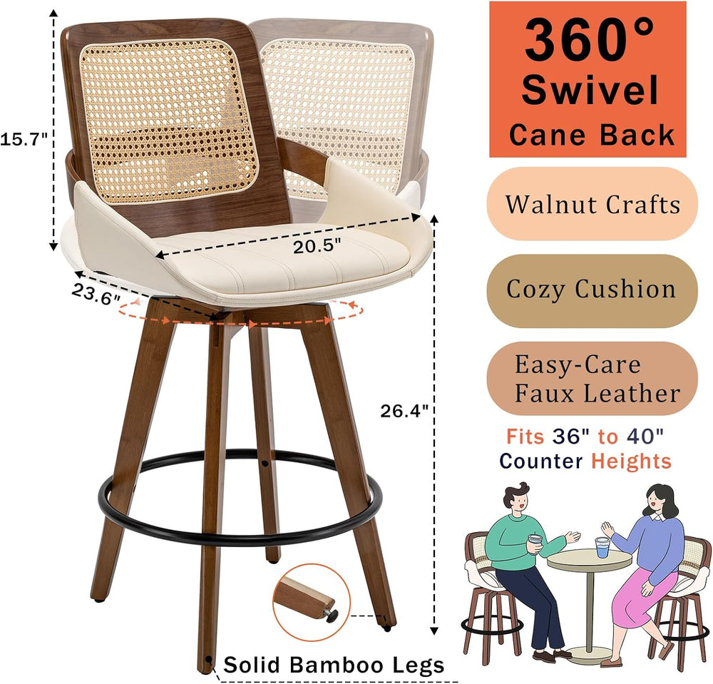 Mid Century Modern Counter Stools, Rattan Swivel Counter Stools with Back | N...
