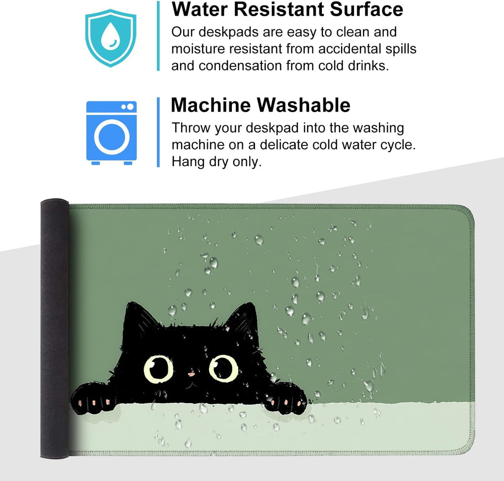 Cute Black Cat Large Mouse Pad – Extended Desk Mat 35.43 x 15.75 in – Kawaii Kitty Peeking Over Edge, Green Background, Non-Slip Rubber Base, Waterproof Keyboard & Mouse Pad for Office or Gaming