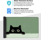 Cute Black Cat Large Mouse Pad – Extended Desk Mat 35.43 x 15.75 in – Kawaii Kitty Peeking Over Edge, Green Background, Non-Slip Rubber Base, Waterproof Keyboard & Mouse Pad for Office or Gaming