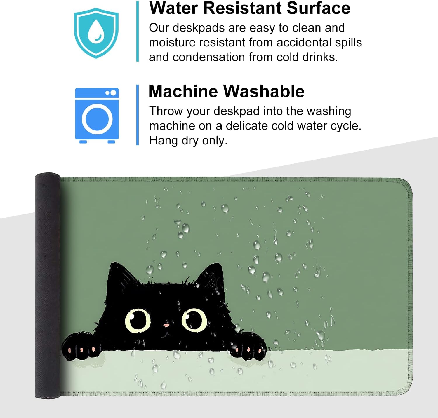Cute Black Cat Large Mouse Pad – Extended Desk Mat 35.43 x 15.75 in – Kawaii Kitty Peeking Over Edge, Green Background, Non-Slip Rubber Base, Waterproof Keyboard & Mouse Pad for Office or Gaming