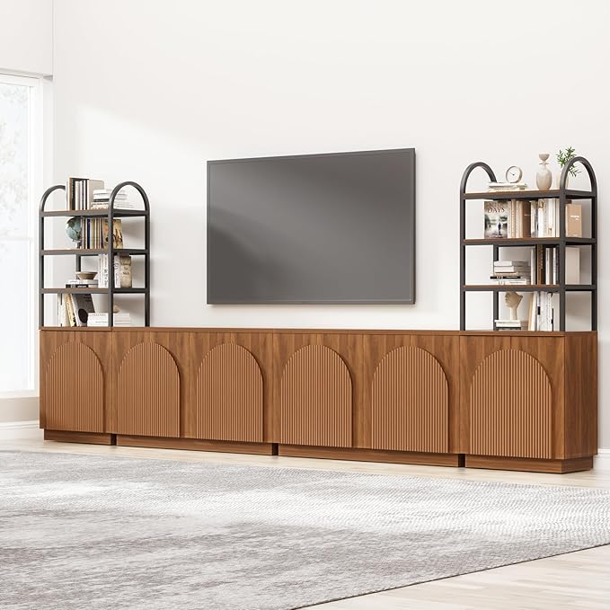 Yechen 165" Modular Entertainment Center with Bookshelves for up to 98", Mid Century Modern TV Stand with Storage, TV Cabinet with Adjustable Shelves, Living Room, Walnut Oak(4 PCS)