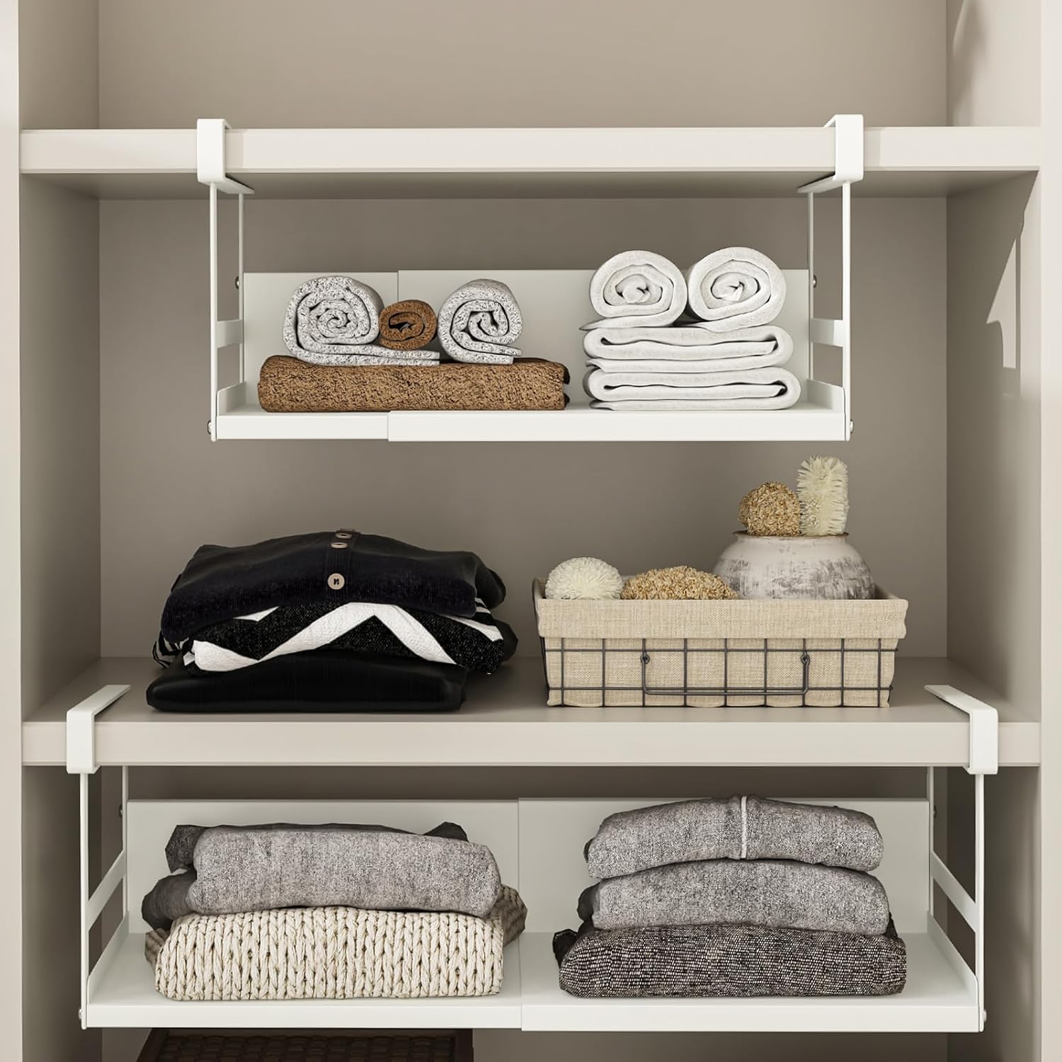 Expandable Under Cabinet Shelf Organizer with 0.94-Inch Thick Clips, Heavy Duty Extendable Under Shelf Storage Basket for Pantry or Laundry Room, White, 1 Pack, Interior: 4.13" H x 7.2" D