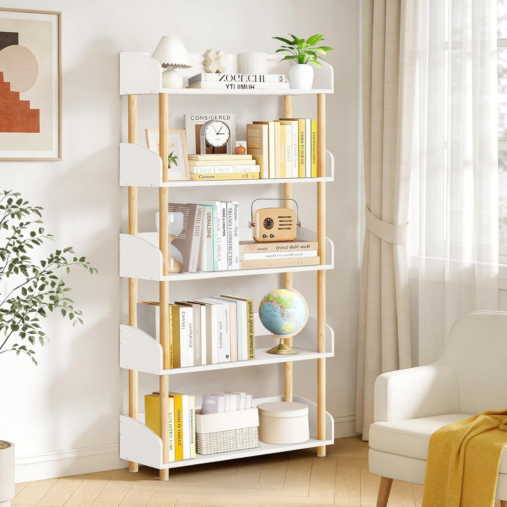 5-Tier Wooden Bookshelf, Modern Open Bookcase with Solid Wood Frame and Top Edge, Sturdy Freestanding Storage Organizer for Living Room, Bedroom, Home Office (White)