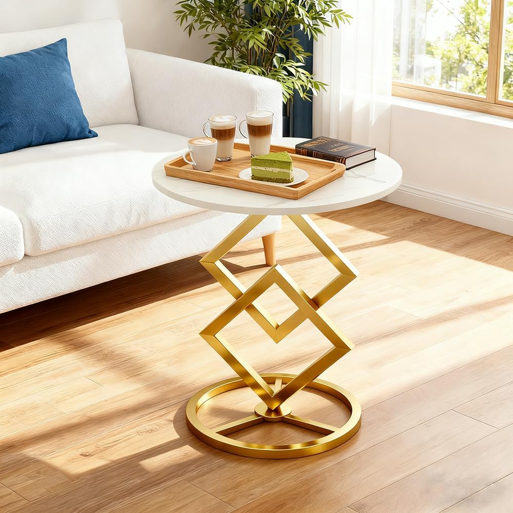 Boho Round Side Table Living Room, Luxurious Marble Desktop end Tables with S...
