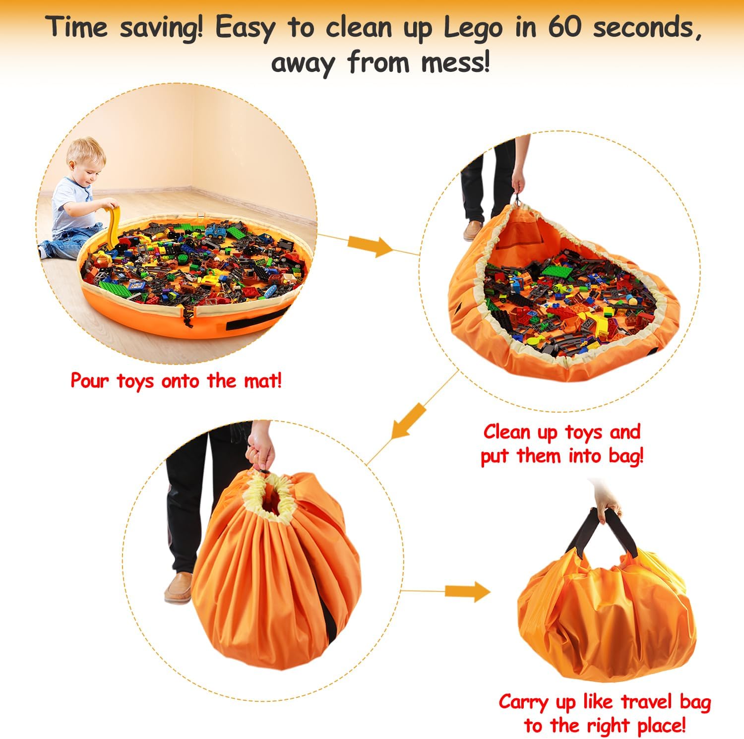 Toy Storage for Lego Play Mat Bag - Duplo Toy Organizer Storage Bag by Drawstring for Kids Tidy Toy with Lips can as Gift (2Pcs = Big Orange + Mini Yellow)