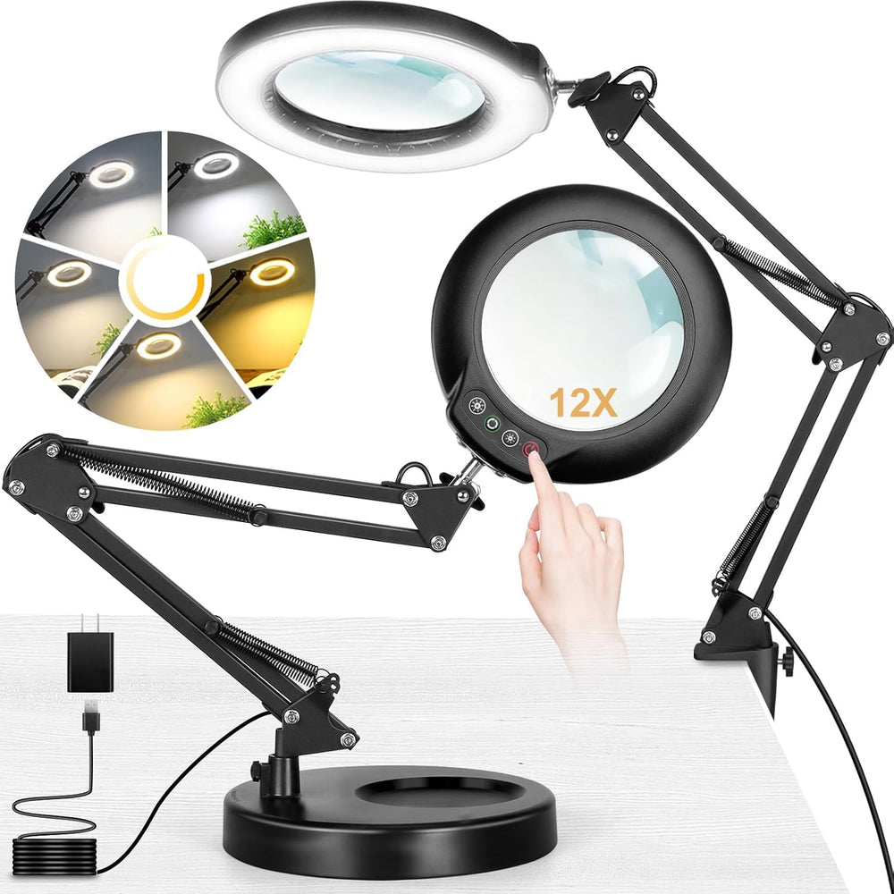Real Glass 12X Magnifying Glass with Light and Stand (No Acrylic Lens), 2-in-...