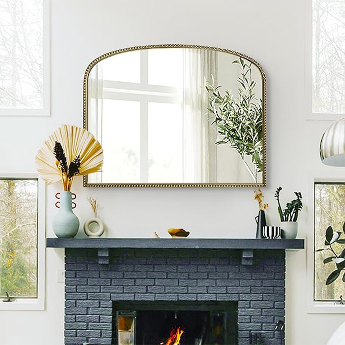 36"X28" Arched Mirror,Metal Beaded Frame Mirror for Wall,Ornate High-Definition Mirrors,Fit for Fireplace, Living Room,Hallway,Bathroom,Antique Gold