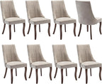 Dining Chairs Set of 8, Linen Channel Tufted Kitchen Chair with Curved Solid Wood Legs, Comfortable Fabric Upholstered Dining Chair for Home, (Beige, 8pc)