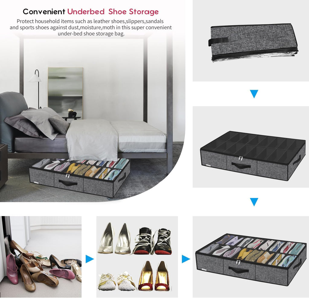 Onlyeasy Sturdy Under Bed Shoe Storage Organizer with Handles and Clear Window Fit 16 to 32 Pairs, Premium Foldable Shoes Container Box for Closet, 37.7x 23.6x 5.9 inch, Cotton-like Black, MXBUBS16P2