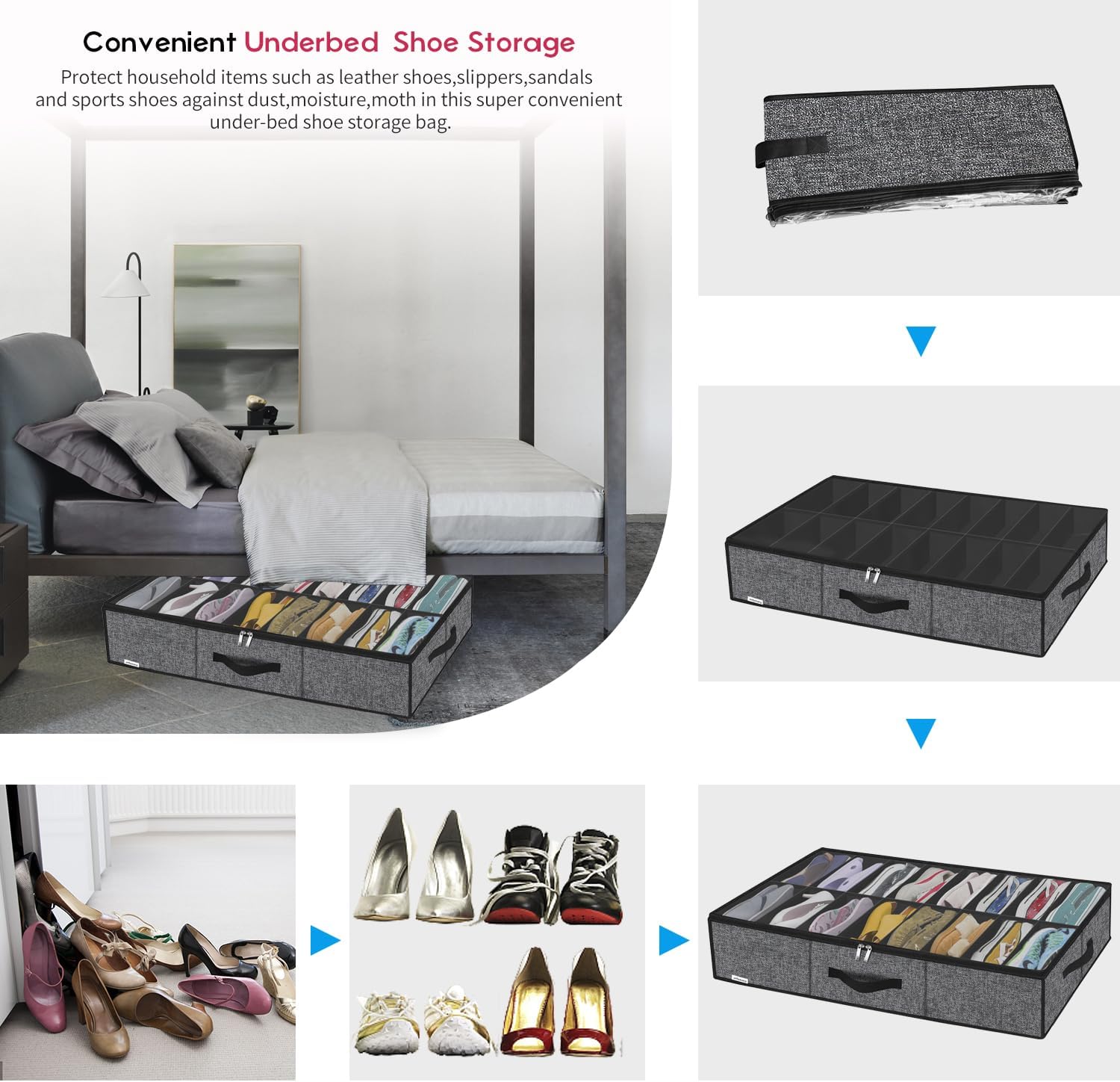 Onlyeasy Sturdy Under Bed Shoe Storage Organizer with Handles and Clear Window Fit 16 to 32 Pairs, Premium Foldable Shoes Container Box for Closet, 37.7x 23.6x 5.9 inch, Cotton-like Black, MXBUBS16P2