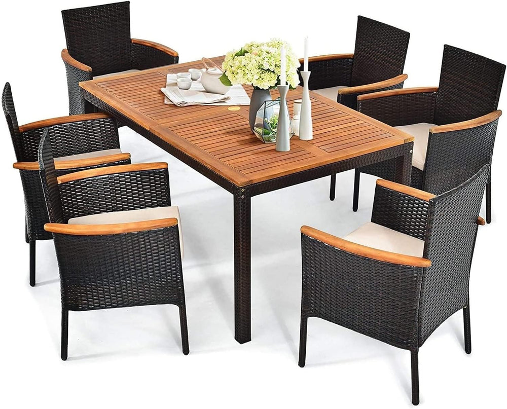 HAPPYGRILL 7-Piece Rattan Patio Dining Set Outdoor Wicker Dining Set with Umb...