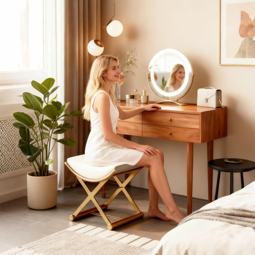 Vanity Stool Chair - Upholstered Makeup Stool with Leather Cushion - Modern S...