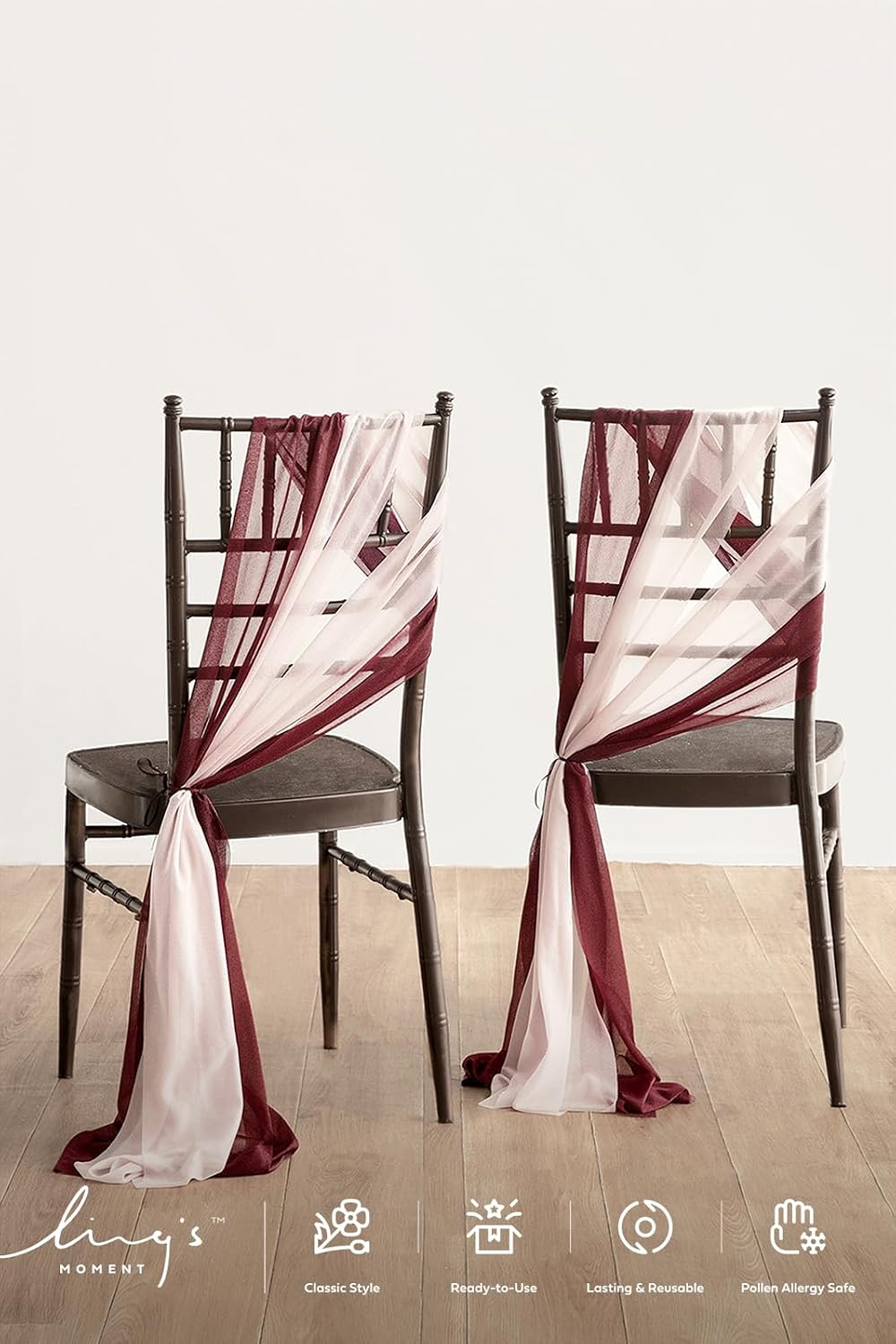 Ling's moment Chair Sashes, Wedding Aisle Decorations, Burgundy Pink Blush | 16pcs Chair Cover Draping Fabric Wrinkle-Free with Tie for Party Ceremony Reception Floral Arrangement Banquet Outdoor Decor