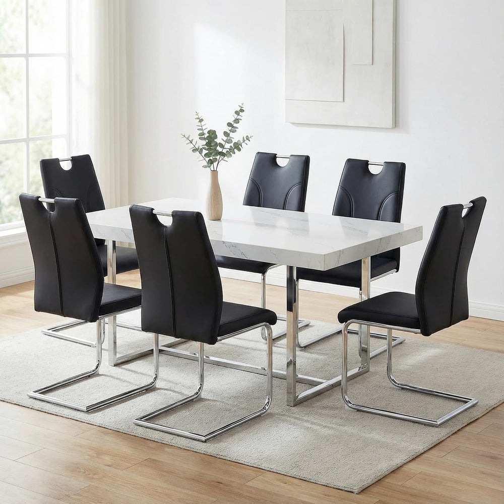 Black Dining Chairs Set of 6, Modern Faux Leather Upholstered Chairs | High B...