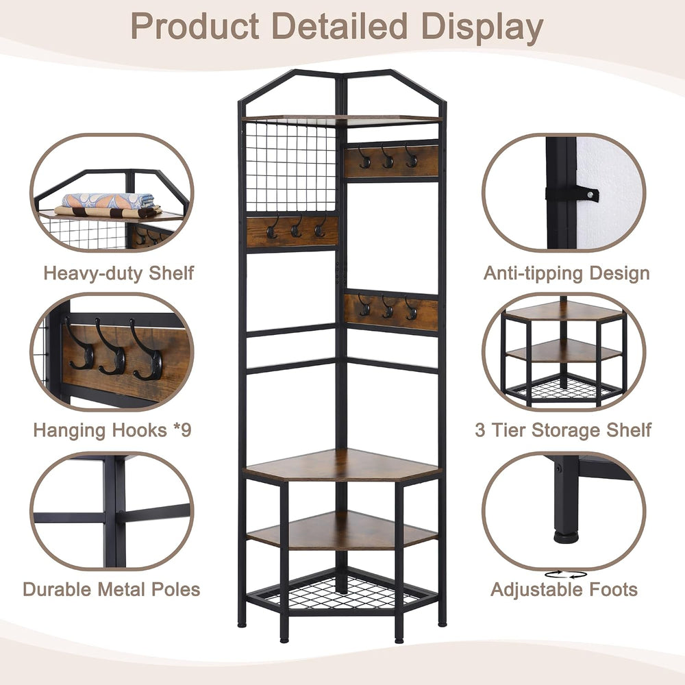 Heavy Duty Corner Hall Tree Organizer, 3-in-1 Industrial Freestanding Coat St...