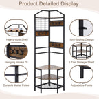 Heavy Duty Corner Hall Tree Organizer, 3-in-1 Industrial Freestanding Coat Storage Rack with Hooks and 4 Wooden Shelves for Entryway, Black