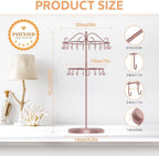 iDavosic.ly 2 Tier Rotating Necklace Holder Organizer with 42 Hooks, Adjustable Metal Bracelet Display Stand Rack, Extra Tall Keychain Spinning Tree Tower for Women, Rose Gold