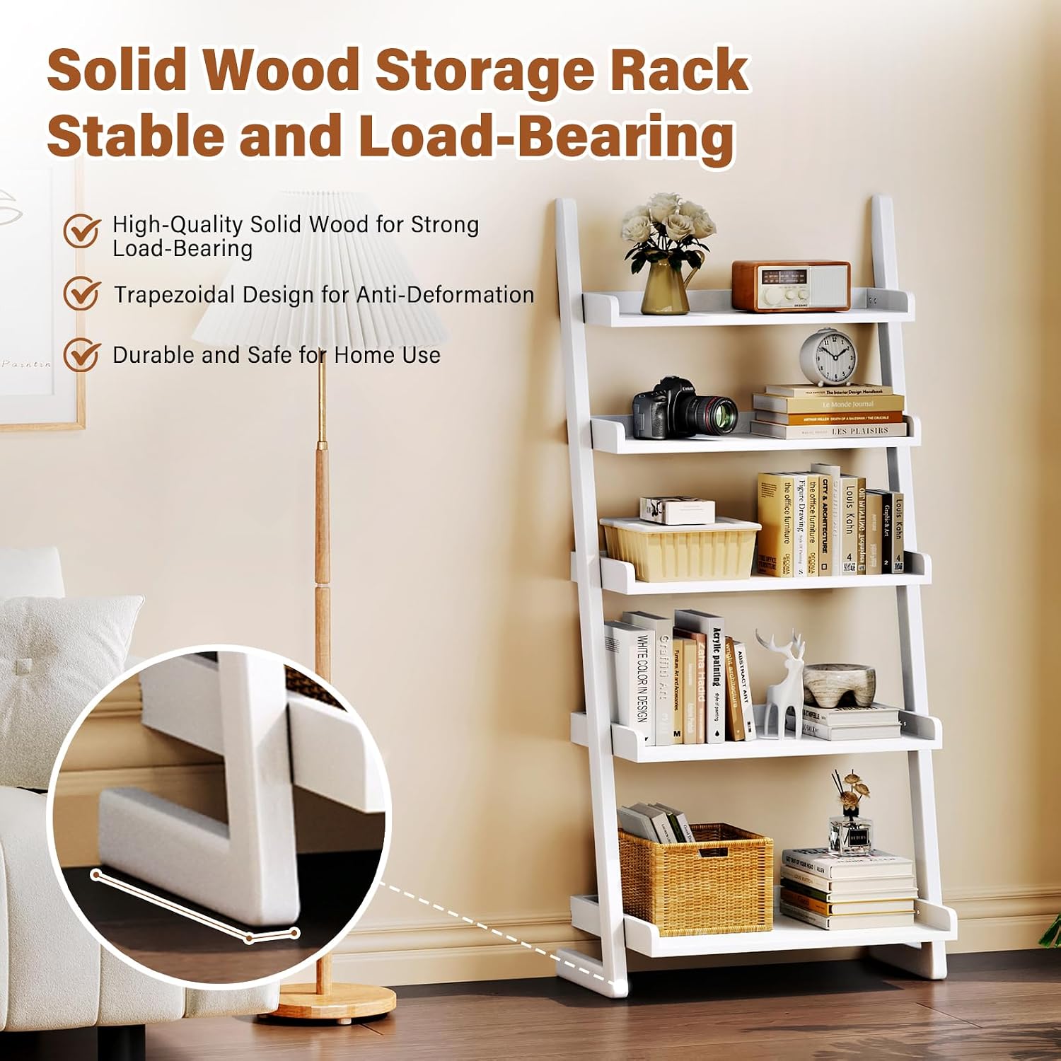 CozyDH Wooden Ladder Shelf, White Ladder Bookshelf Narrow 5-Tier,Ladder Shelf Bookcase Storage for Living Room, Bedroom, Home Office,23.6''Dx15.7''Wx55.1''H
