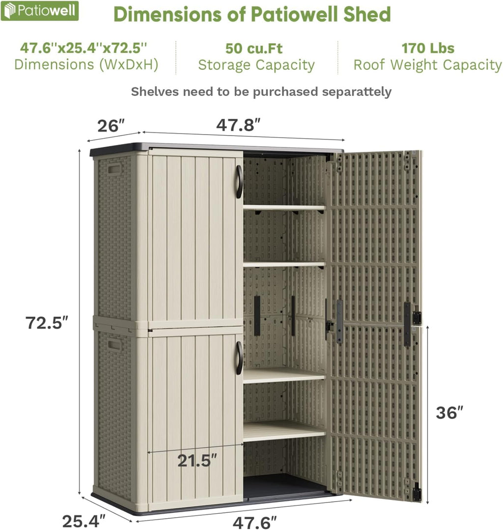 Patiowell 50 cu.ft Plastic Outdoor Storage Shed, Lockable Waterproof Resin Storage Cabinet Vertical Storage Shed for Garden Tools, Garbage Cans, Pool Supplies, Beige(Not Include Shelves)