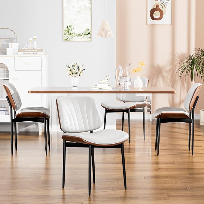 Dining Chairs Set of 4, Dining Room and Kitchen Chairs, FSC Certified Mid Century Modern Accent Chair, Upholstered PU Leather Chairs for Vanity with Walnut Bentwood and Metal Legs, White