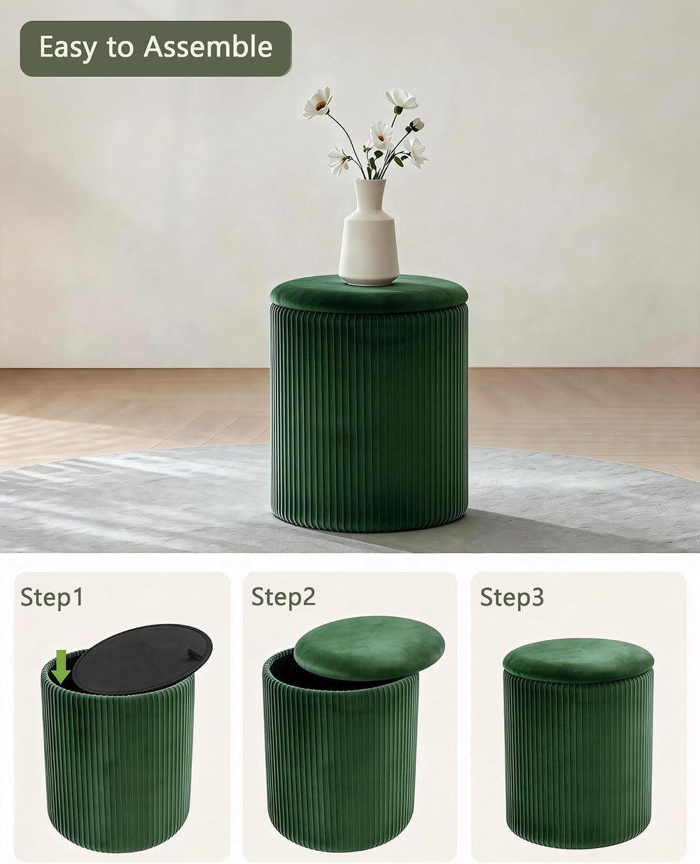 LITZFUR Round Ottoman with Storage, Velvet Foot Rest Stool, Green | Versatile...