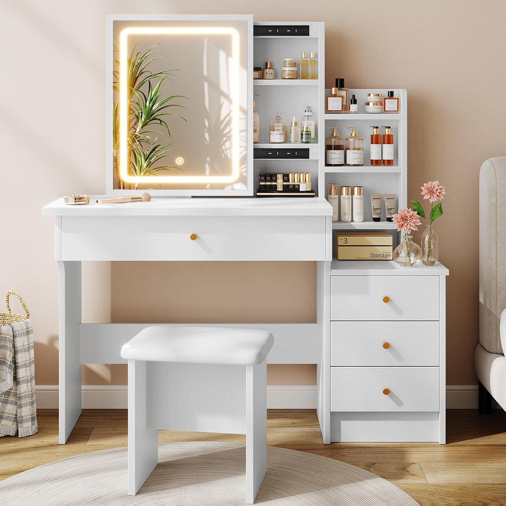 Memobarco White Makeup Vanity Desk with Sliding Mirror & 4 Drawers | Smar...