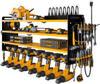Power Tool Organizer Wall Mount with Charging Station, 8 Drill Holder, 4 Layer Storage Rack for Garage Organization, Tool Holder with 8 Outlet Power Strip (Yellow)