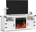 YESHOMY Fireplace TV Stand with Barn Doors and Open Display Shelf, Farmhouse Media Console with Hidden Cable Routing, Entertainment Center for Televisions up to 65+ Inch, White