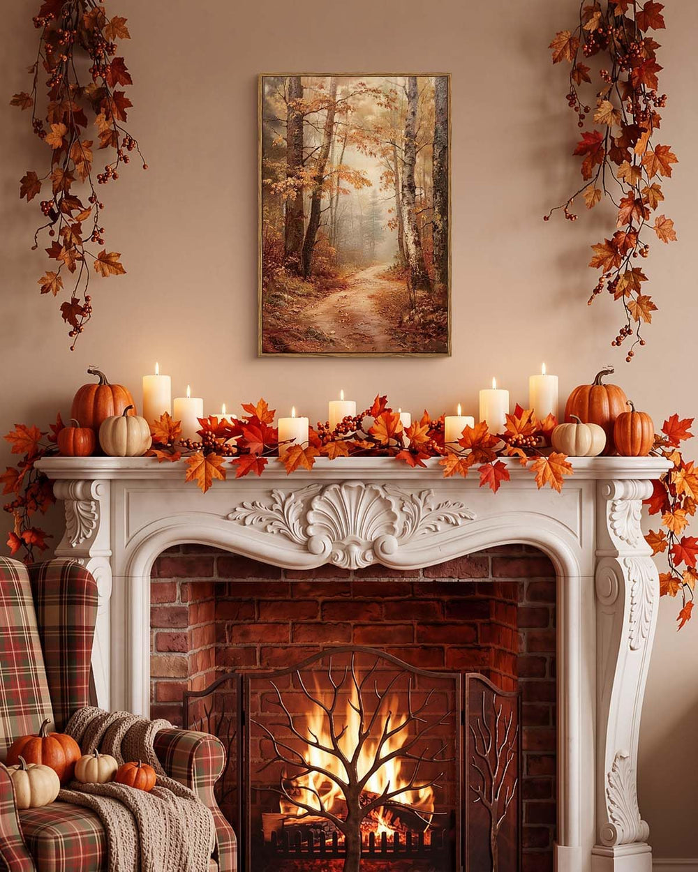 Autumn Forest Framed Canvas Wall Art 16x24 Trees Leaves Trail Artwork, Woodla...